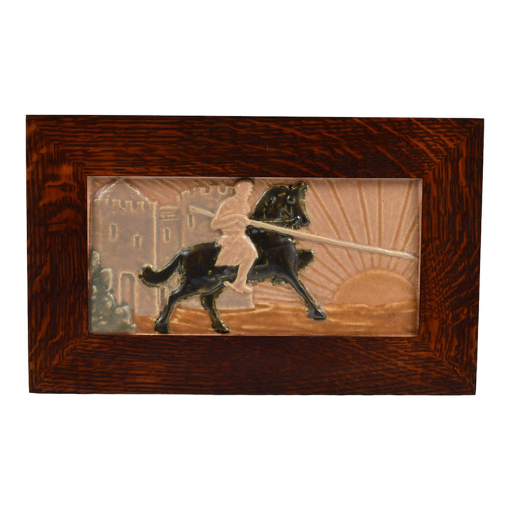 California Art Tile Company 1920s Pottery Knight On Horse By Castle Framed Tile