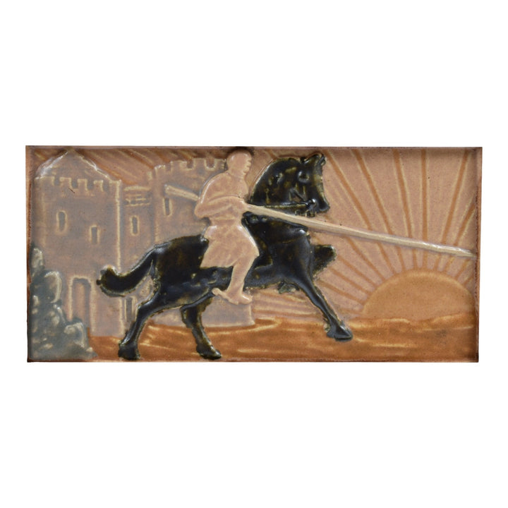 California Art Tile Company 1920s Pottery Knight On Horse By Castle Framed Tile