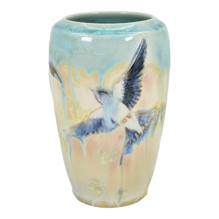 Door Studio Art Pottery 2022 Hand Made Blue Flying Birds Crystalline Vase