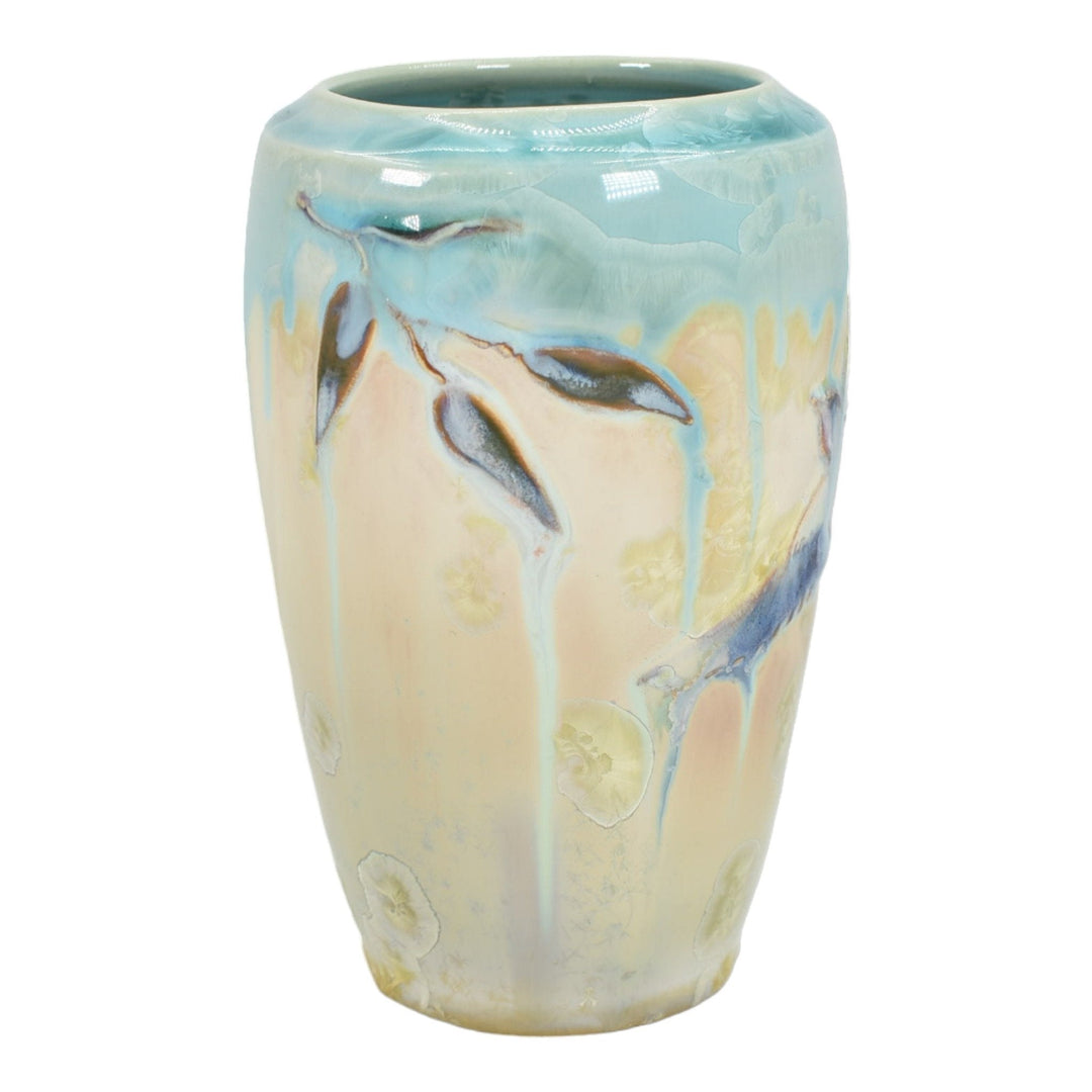 Door Studio Art Pottery 2022 Hand Made Blue Flying Birds Crystalline Vase