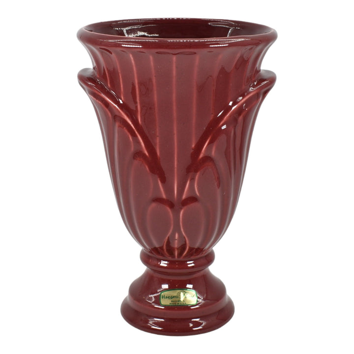 Haeger 1970s Modern Deco Art Pottery Burgundy Red Palm Leaf Ceramic Vase