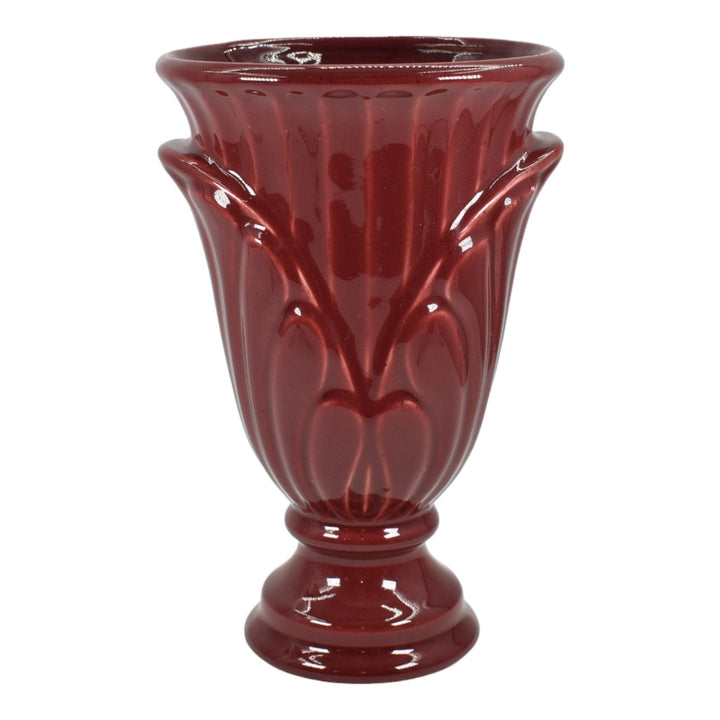 Haeger 1970s Modern Deco Art Pottery Burgundy Red Palm Leaf Ceramic Vase