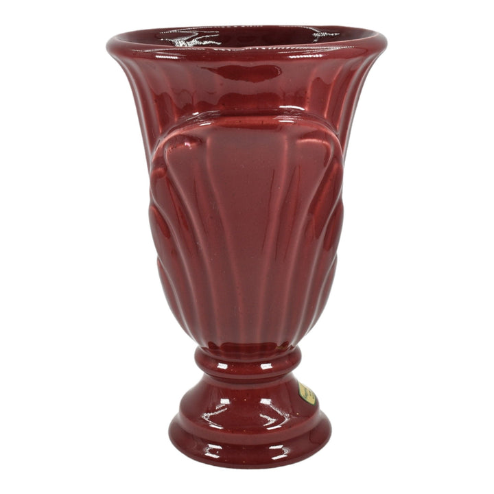 Haeger 1970s Modern Deco Art Pottery Burgundy Red Palm Leaf Ceramic Vase