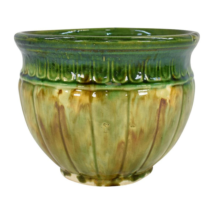 American Art Pottery Blended Majolica Yellow Green Ceramic Jardiniere Planter - Just Art Pottery