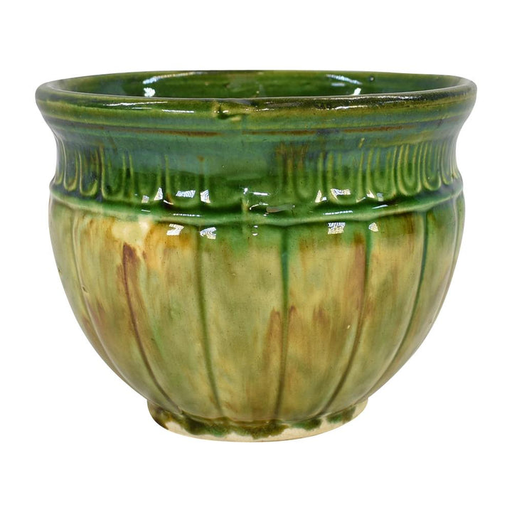 American Art Pottery Blended Majolica Yellow Green Ceramic Jardiniere Planter - Just Art Pottery