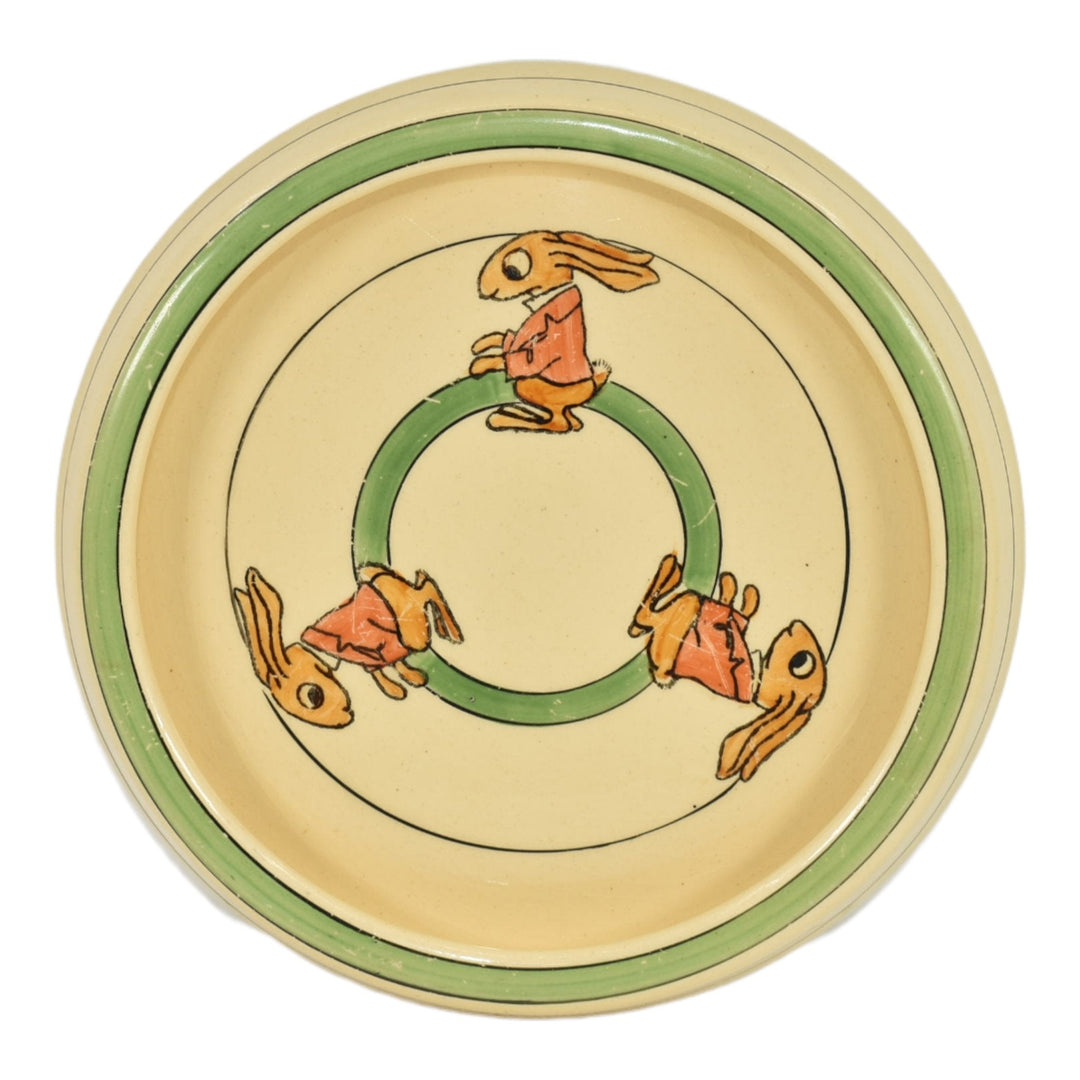 Roseville Pottery Juvenile Creamware 1910 Standing Rabbit Rolled Rim Green Bowl