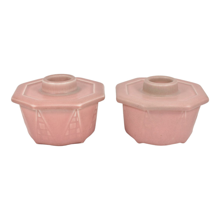 Rookwood 1928 Vintage Art Deco Pottery Pink Ceramic Candle Holders 6066