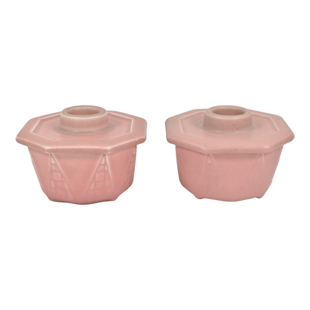 Rookwood 1928 Vintage Art Deco Pottery Pink Ceramic Candle Holders 6066