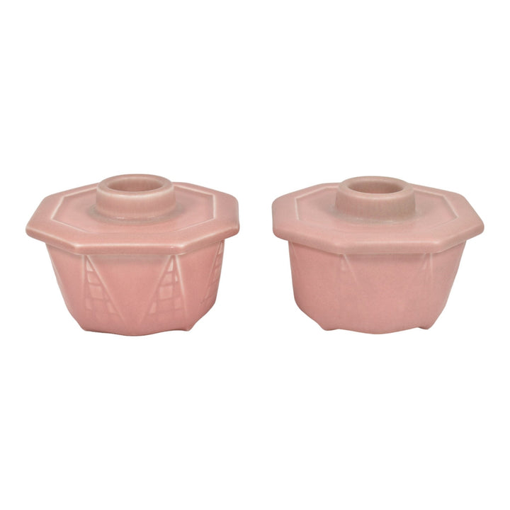 Rookwood 1928 Vintage Art Deco Pottery Pink Ceramic Candle Holders 6066