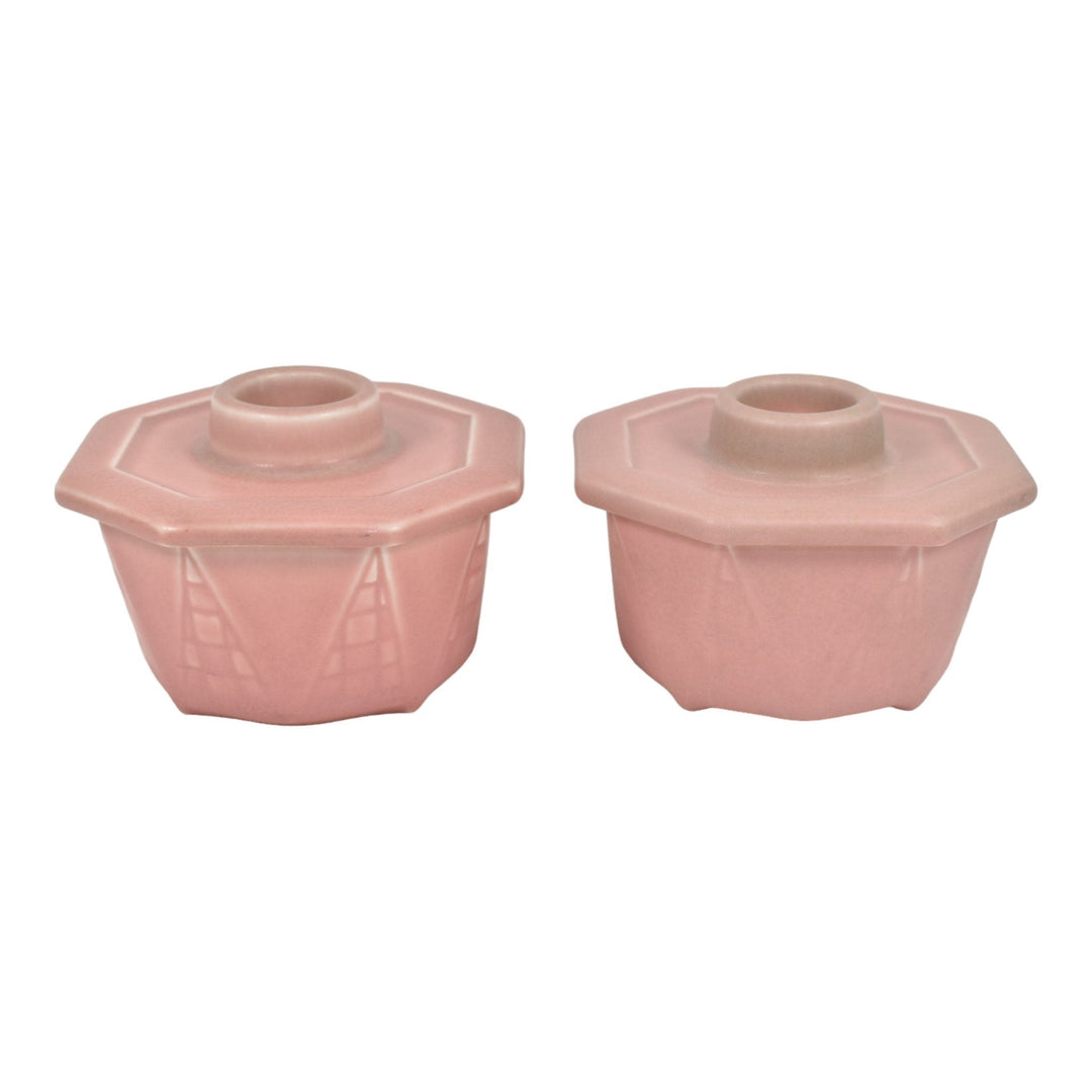 Rookwood 1928 Vintage Art Deco Pottery Pink Ceramic Candle Holders 6066