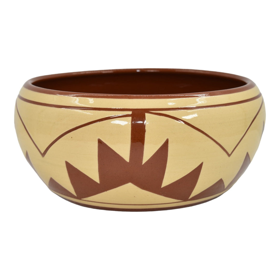 Pine Ridge Sioux Dakota Pottery Hand Made Geometric Design Brown Bowl Irving - Just Art Pottery