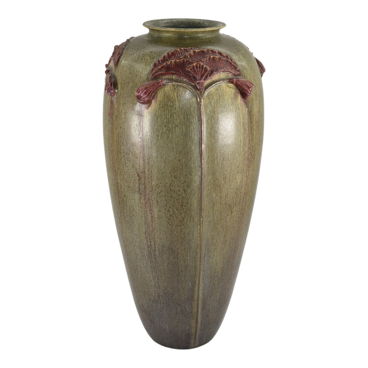 Ephraim Faience 2018 Hand Made Pottery Red Poppy Matte Green Ceramic Vase