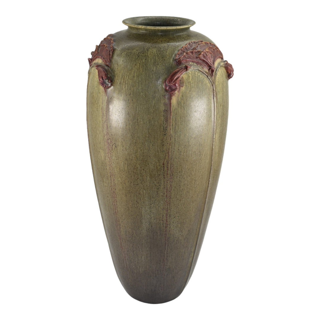 Ephraim Faience 2018 Hand Made Pottery Red Poppy Matte Green Ceramic Vase