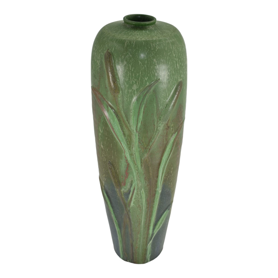 Ephraim Faience 2000 Hand Made Experimental Pottery Cattail Green Ceramic Vase