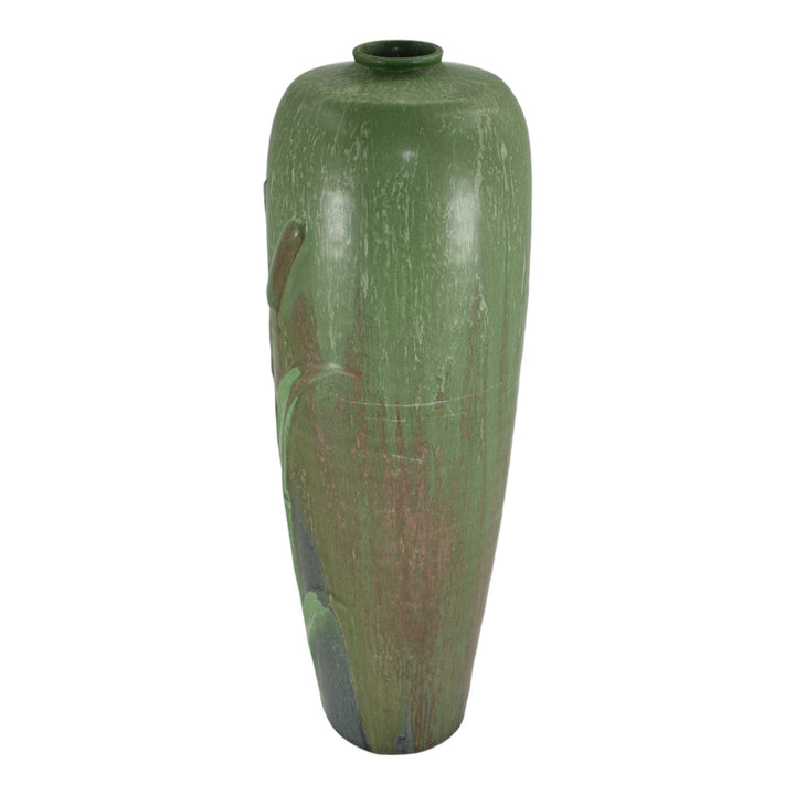 Ephraim Faience 2000 Hand Made Experimental Pottery Cattail Green Ceramic Vase