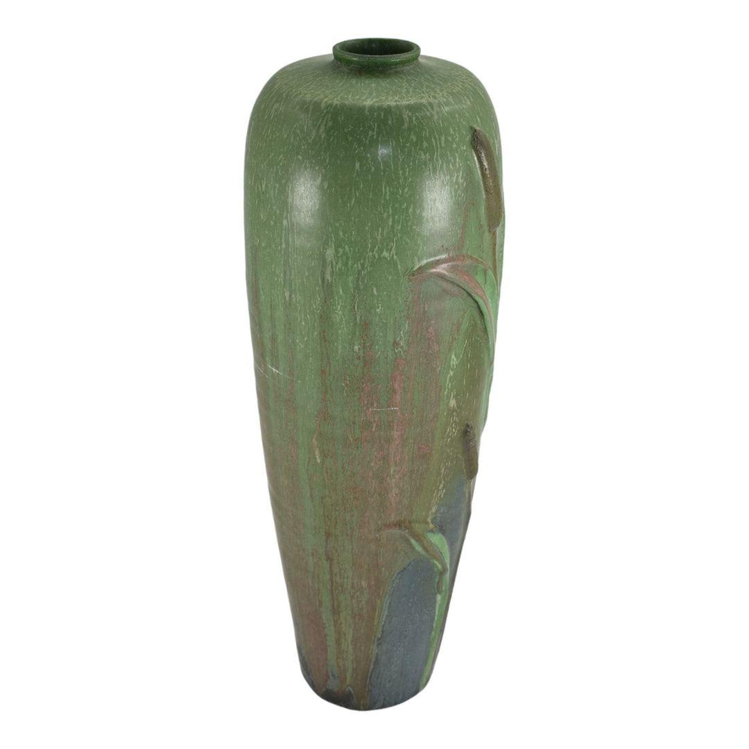 Ephraim Faience 2000 Hand Made Experimental Pottery Cattail Green Ceramic Vase