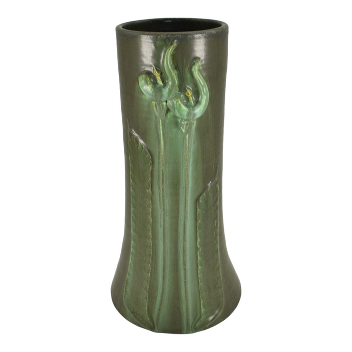 Door Hand Made Arts And Crafts Pottery Floral Matte Green Ceramic Vase