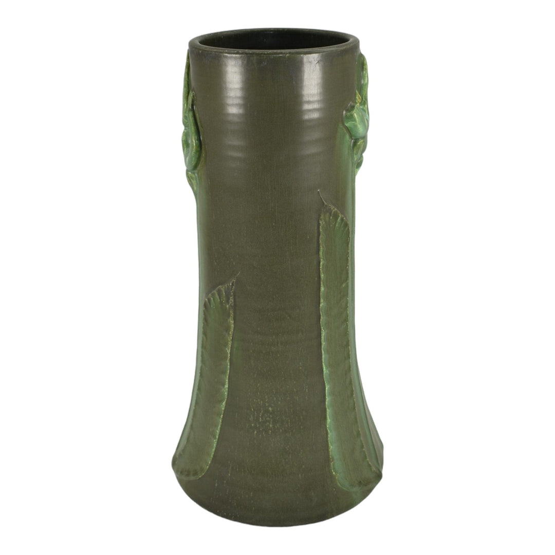 Door Hand Made Arts And Crafts Pottery Floral Matte Green Ceramic Vase