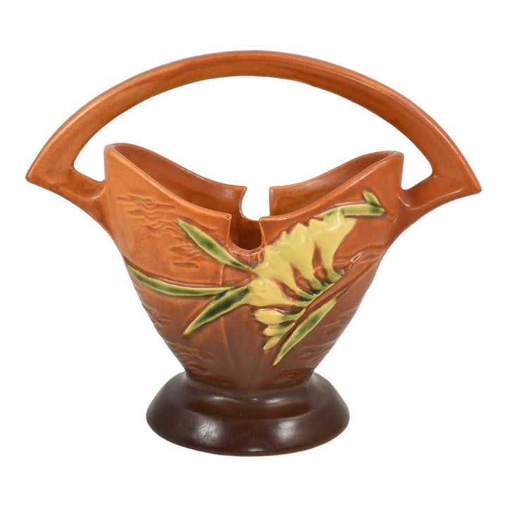 Roseville Freesia Brown 1945 Mid Century Modern Art Pottery Ceramic Basket 390-7