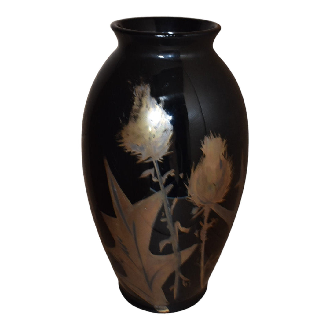 Roseville Pauleo Jet Black 1914 Vintage Art Pottery Gold Thistle Ceramic Vase