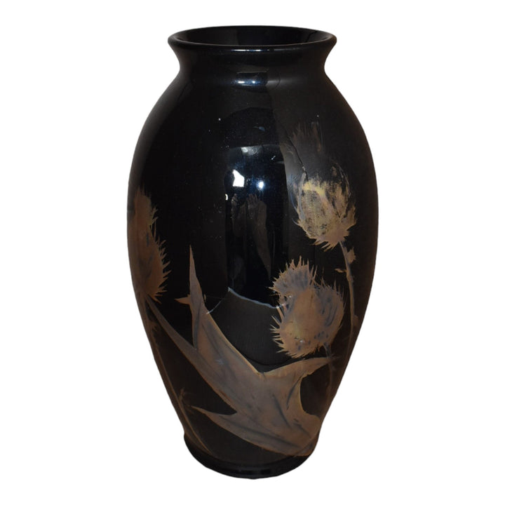 Roseville Pauleo Jet Black 1914 Vintage Art Pottery Gold Thistle Ceramic Vase