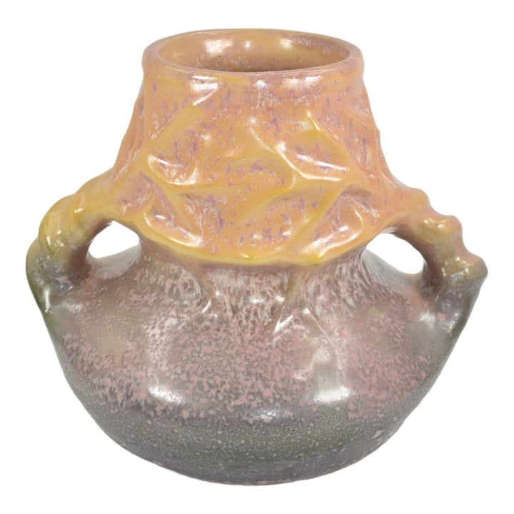 Art Pottery Mottled Orange And Pink Handled Ceramic Vase Roseville Paper Label