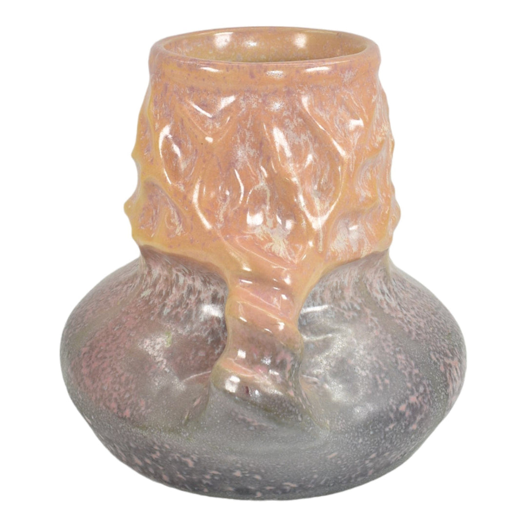 Art Pottery Mottled Orange And Pink Handled Ceramic Vase Roseville Paper Label