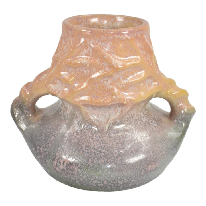 Art Pottery Mottled Orange And Pink Handled Ceramic Vase Roseville Paper Label