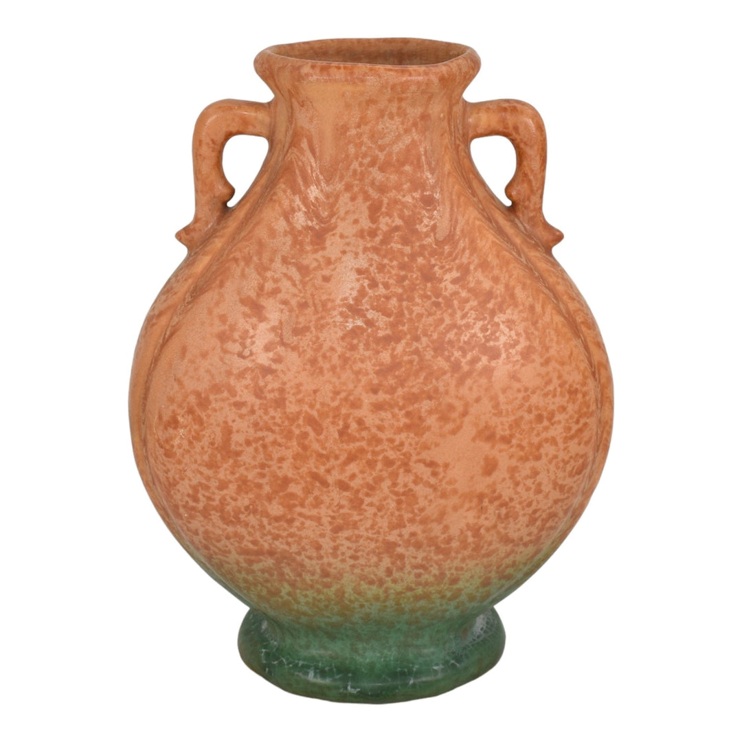 Weller 1920s Vintage Art Pottery Mottled Orange Green Glaze Variant Ceramic Vase