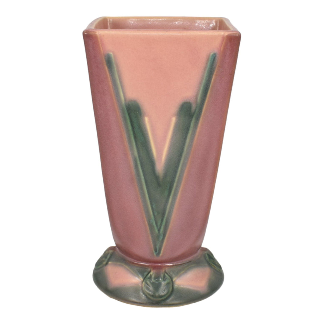 Roseville Futura Pink Green 1928 Art Deco Pottery Ceramic Victory Vee Vase 399-7