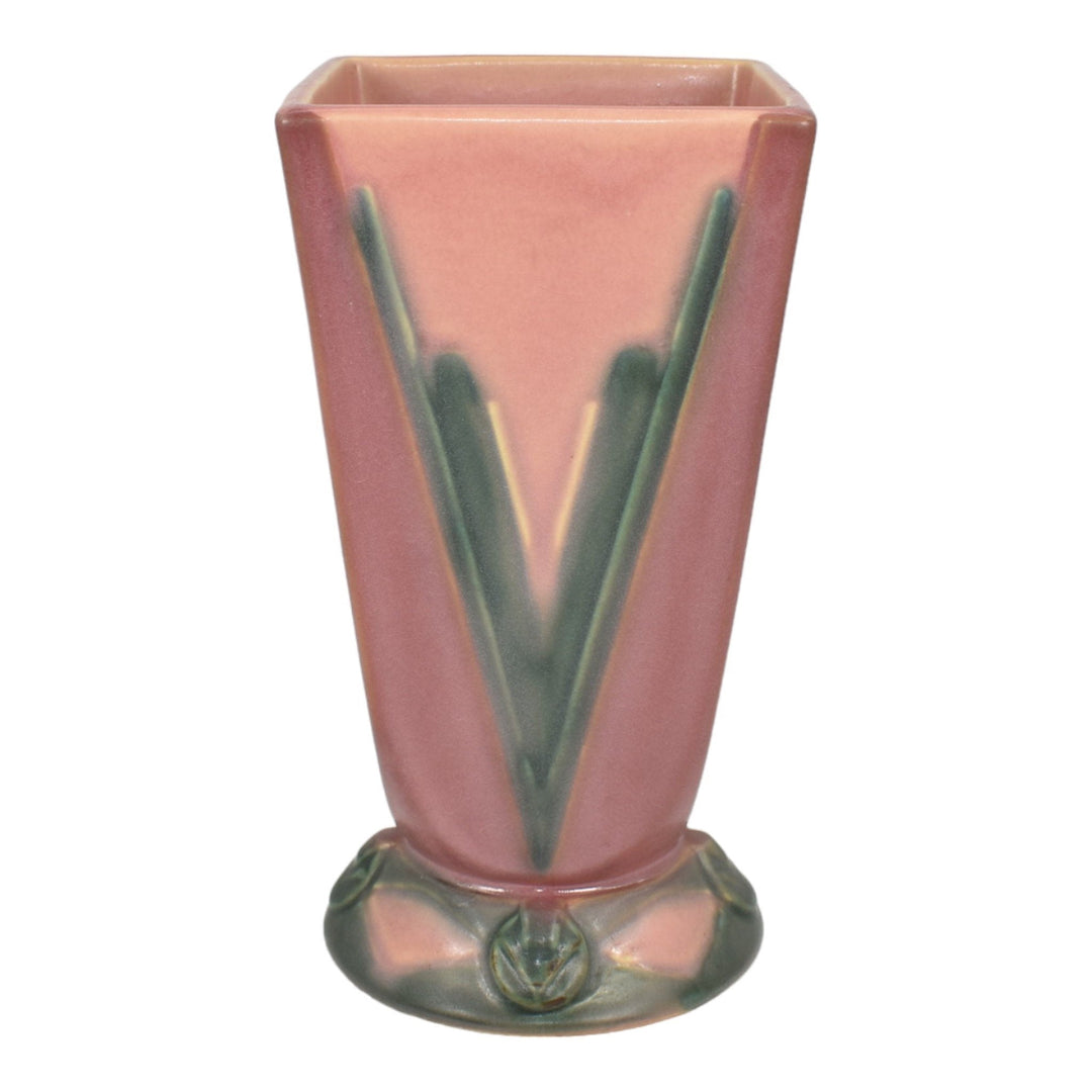 Roseville Futura Pink Green 1928 Art Deco Pottery Ceramic Victory Vee Vase 399-7