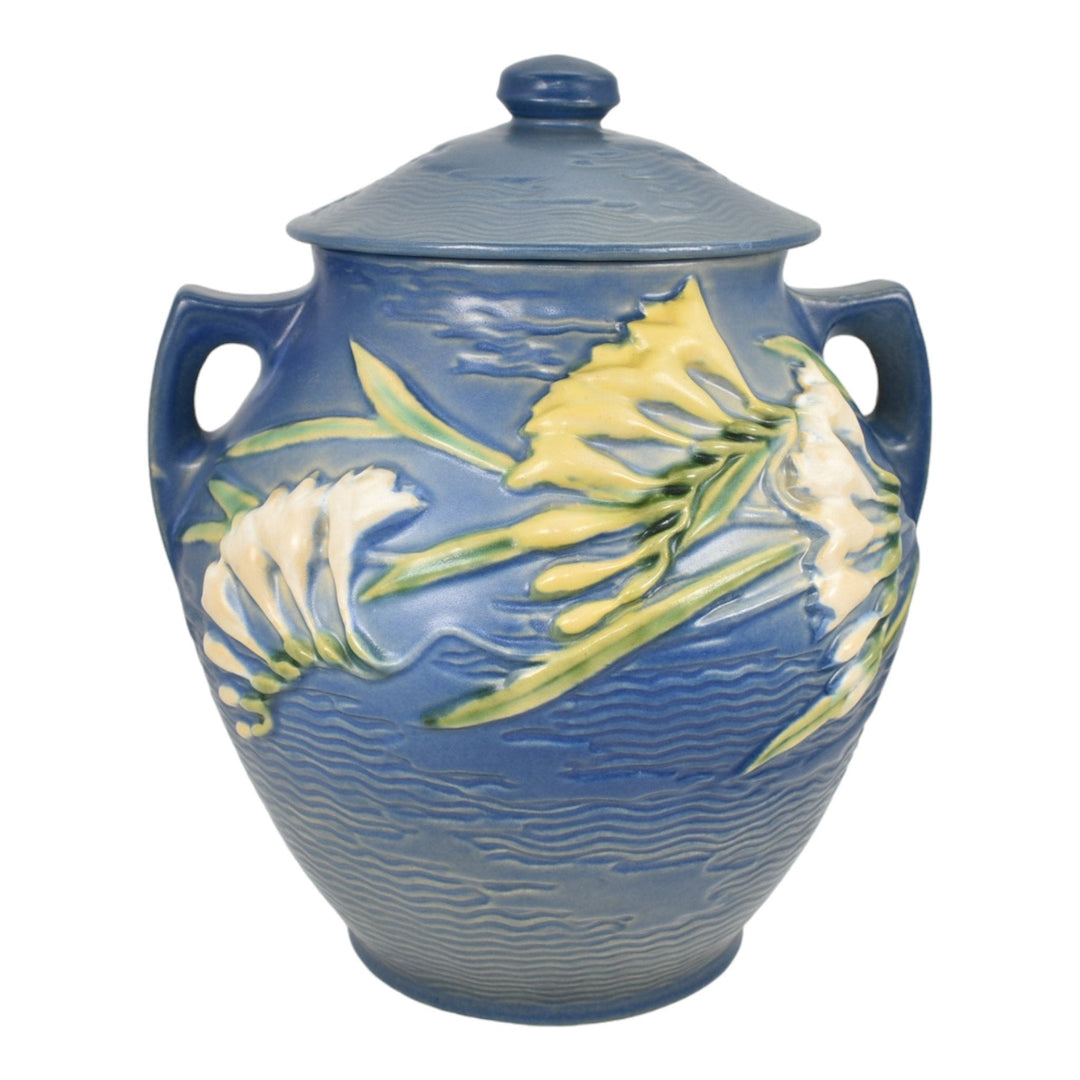 Roseville Freesia Blue 1945 Mid Century Modern Pottery Ceramic Cookie Jar 4-8 - Just Art Pottery