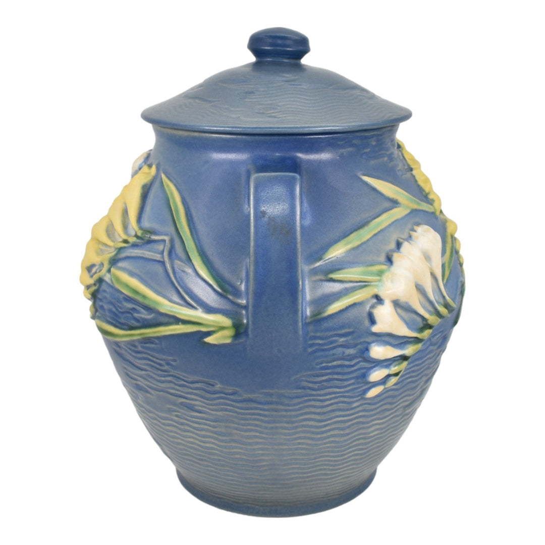 Roseville Freesia Blue 1945 Mid Century Modern Pottery Ceramic Cookie Jar 4-8 - Just Art Pottery