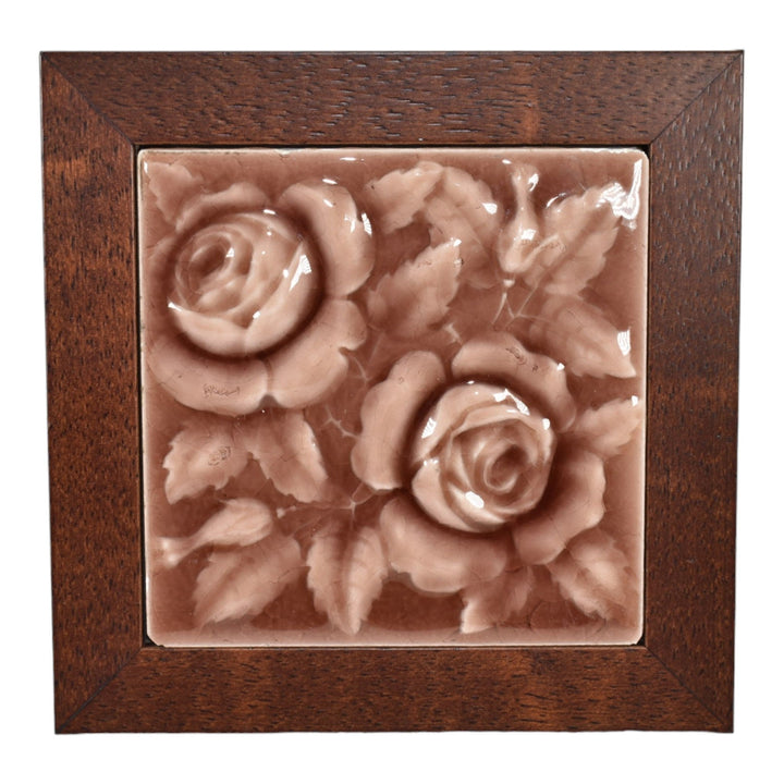 American Encaustic Tile Co AETCO Arts and Crafts Pottery Roses Brown Framed Tile