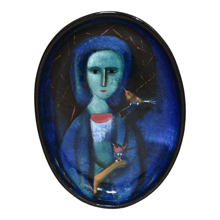 Pillin Studio Mid Century Modern Art Pottery Blue Lady With Birds Ceramic Tray - Just Art Pottery