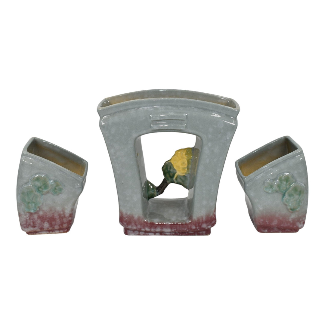 Roseville Artwood Gray 1951 Art Pottery Three Piece Planter Set 1051 And 1050