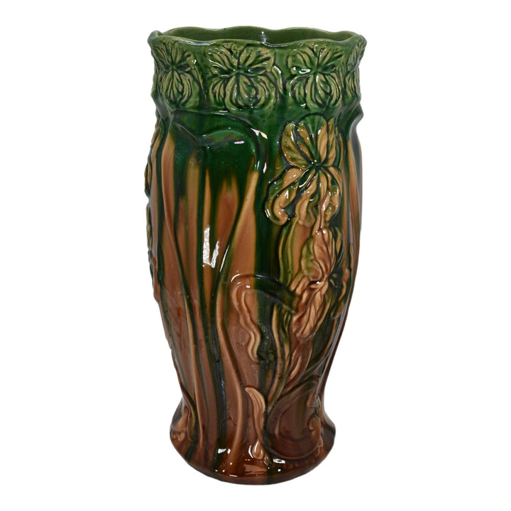 Owens Blended Majolica 1901 Vintage Pottery Iris Green Brown Umbrella Stand