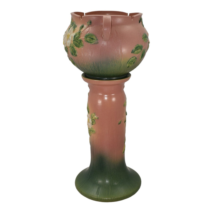 Roseville White Rose Pink Green 1940 Vintage Pottery Jardiniere Pedestal 653-8