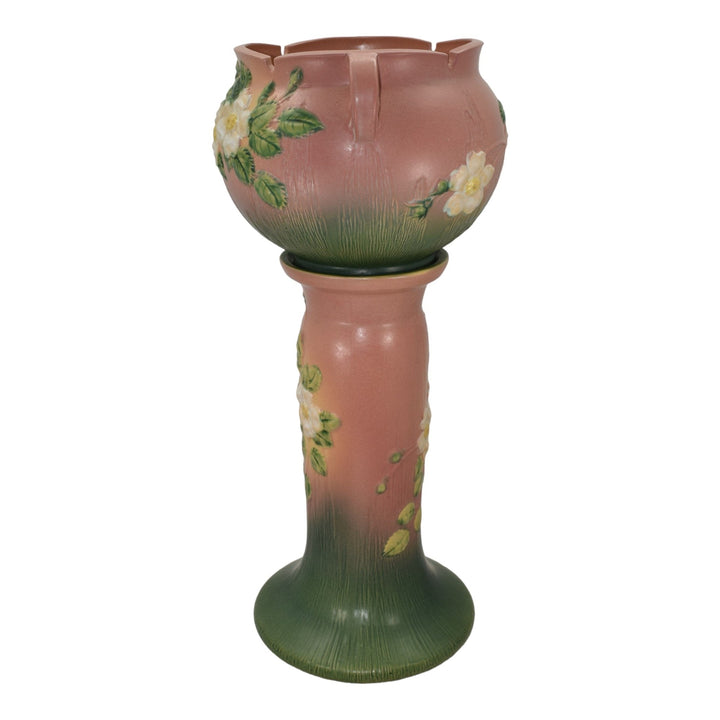 Roseville White Rose Pink Green 1940 Vintage Pottery Jardiniere Pedestal 653-8