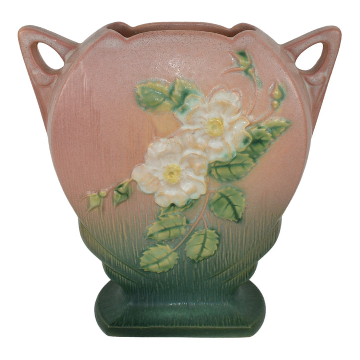 Roseville White Rose Pink 1940 Mid Century Modern Art Pottery Flower Vase 984-8