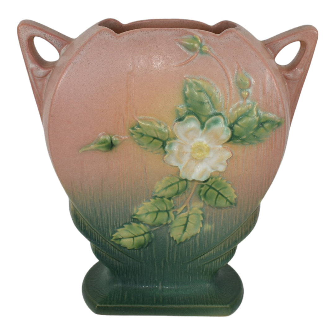 Roseville White Rose Pink 1940 Mid Century Modern Art Pottery Flower Vase 984-8