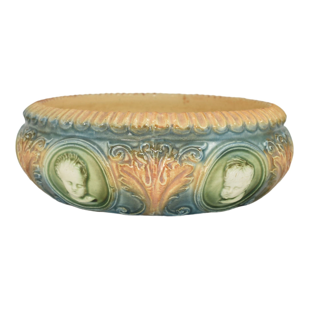 Roseville Cameo II 1908 Vintage Art Pottery Cherub Brown Blue Ceramic Low Bowl