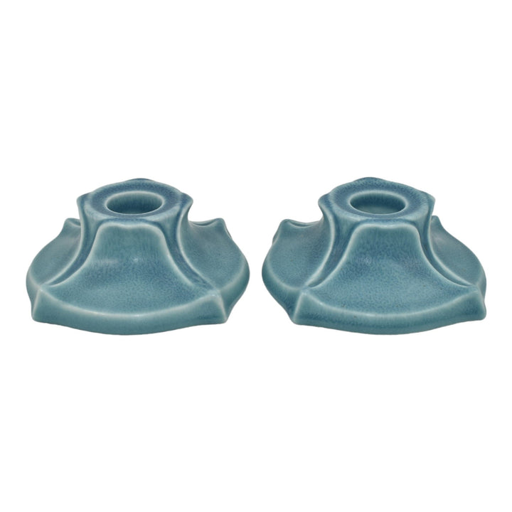 Rookwood 1919 Vintage Art Pottery Matte Blue Ceramic Candle Holders 2310