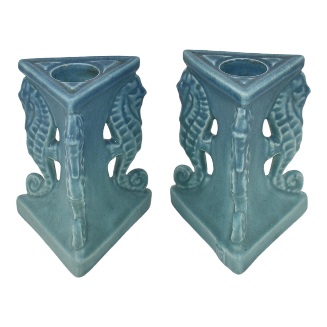 Rookwood 1922 Art Pottery Triangular Blue Seahorse Candle Holders 1773 Toohey