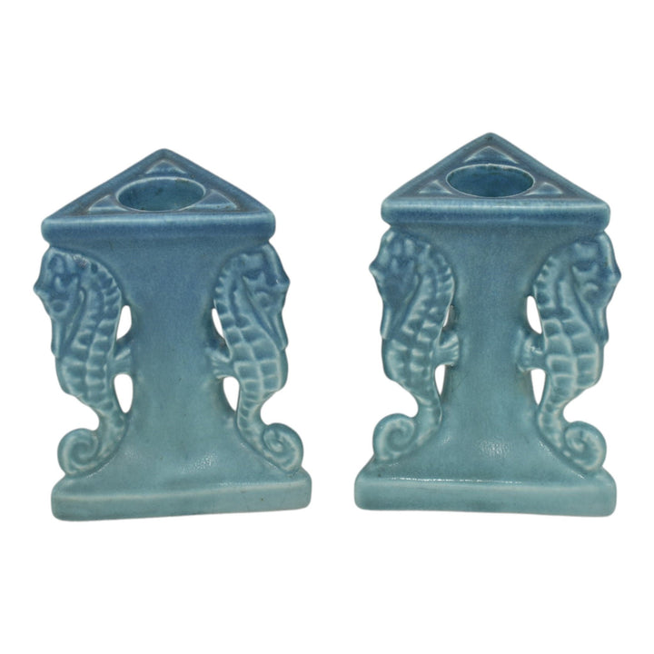 Rookwood 1922 Art Pottery Triangular Blue Seahorse Candle Holders 1773 Toohey