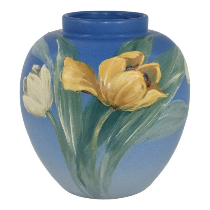 Weller Hudson 1920s Art Pottery Tulips Blue Bulbous Ceramic Vase T-10 Pillsbury