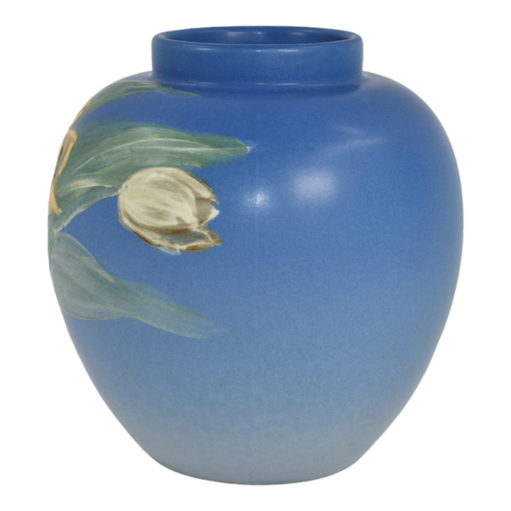 Weller Hudson 1920s Art Pottery Tulips Blue Bulbous Ceramic Vase T-10 Pillsbury