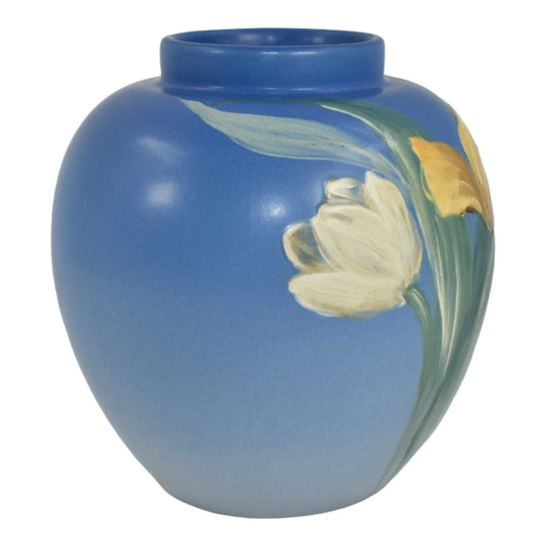 Weller Hudson 1920s Art Pottery Tulips Blue Bulbous Ceramic Vase T-10 Pillsbury