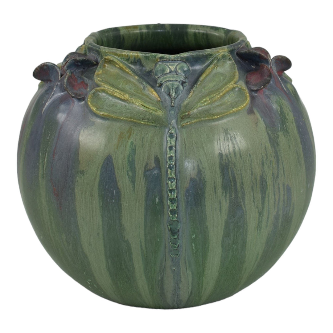 Ephraim Faience 2008 Hand Made Pottery Shady Shoreline Dragonfly Green Vase A09