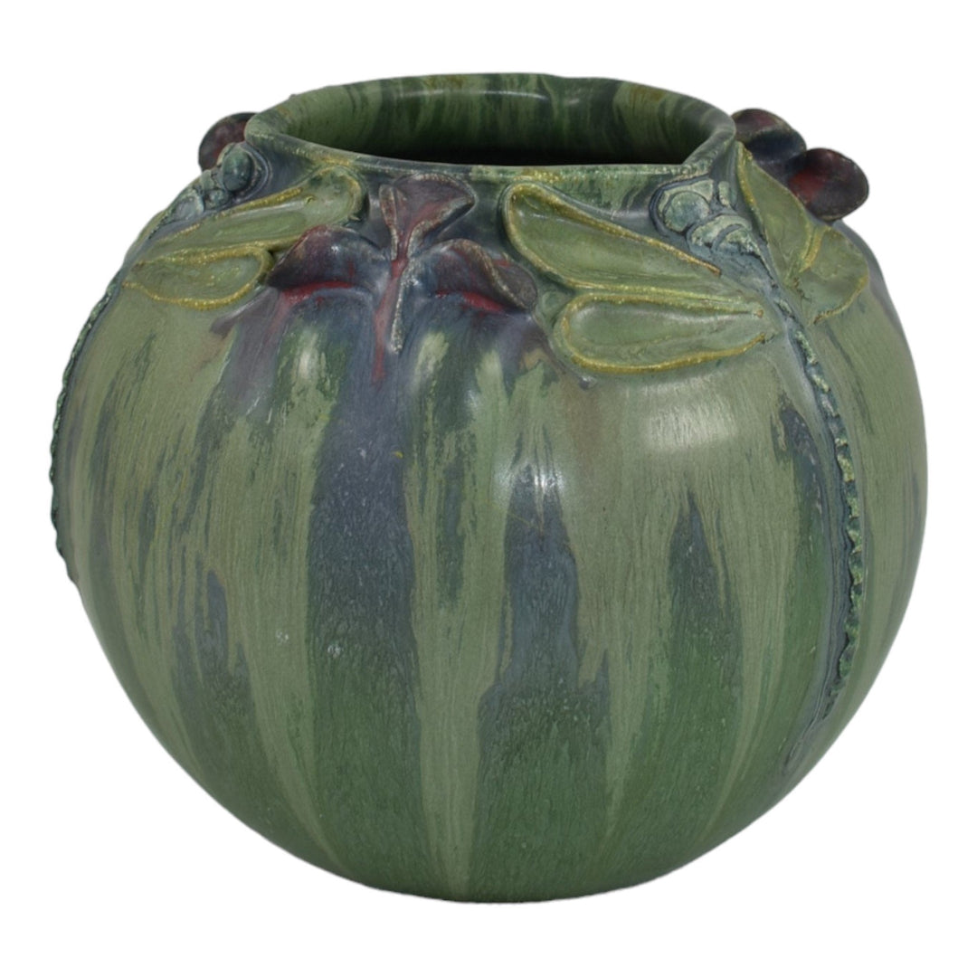 Ephraim Faience 2008 Hand Made Pottery Shady Shoreline Dragonfly Green Vase A09